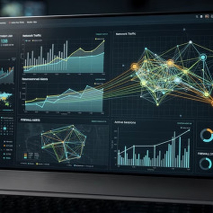 Monitor con dashboard scura di traffico di rete, grafici a barre e linee azzurri e un grafo di nodi gialli e arancioni