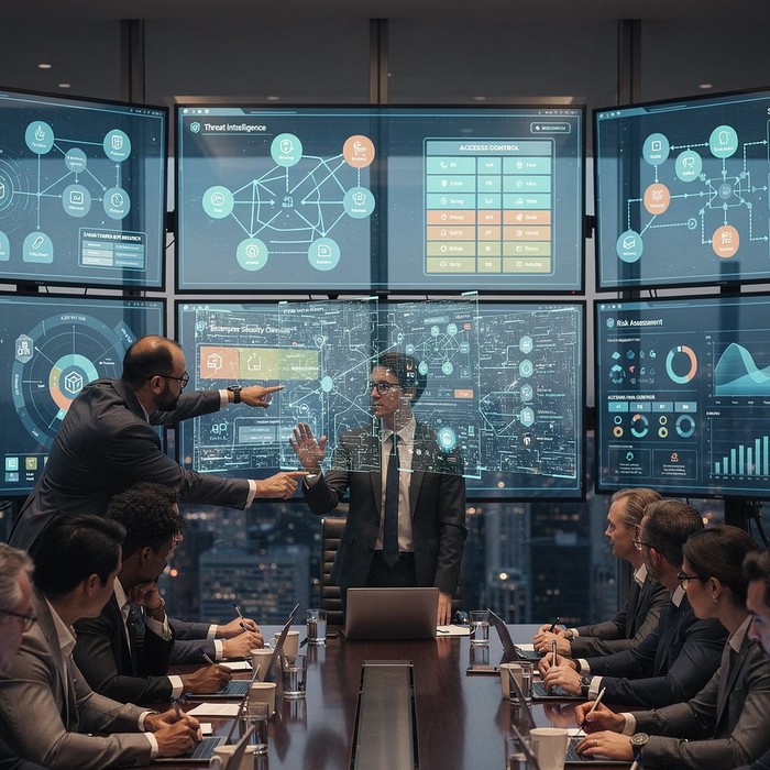 Sala riunioni con dashboard di threat intelligence e valutazione del rischio cyber